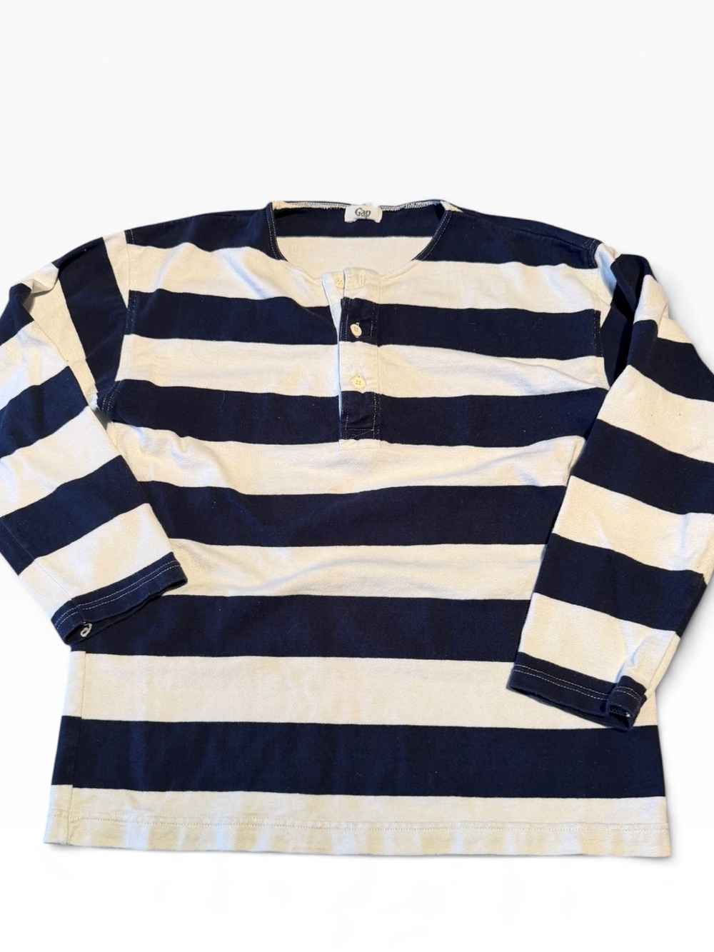 Vintage 80s GAP Navy & Cream Striped Long-Sleeve Henley rugby style jersey